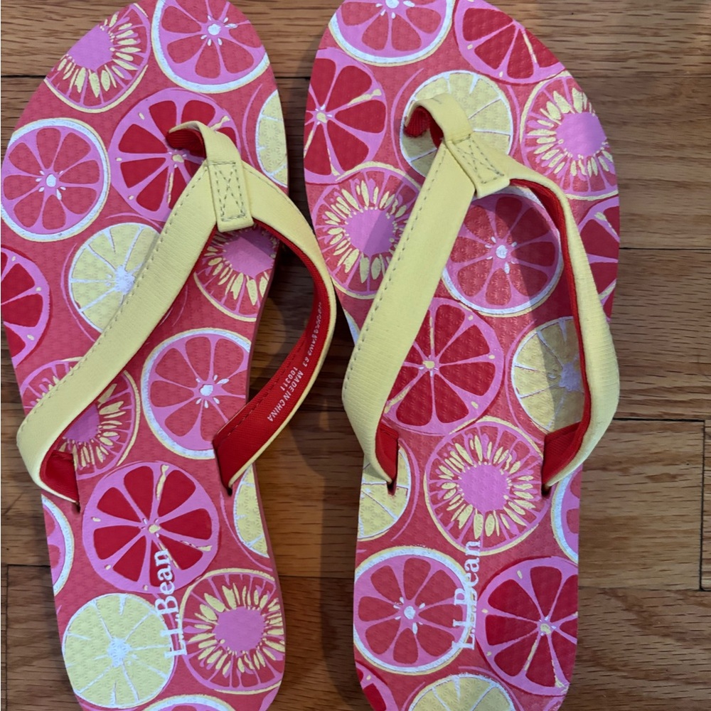 L.L. Bean Women's Citrus Print Flip Flops - Red and Yellow 2 pairs